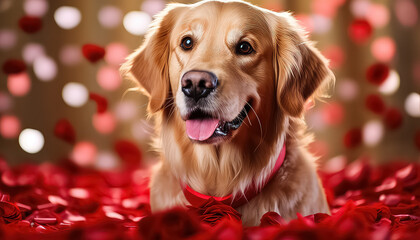 Happy dog with roses, valentine's day concept