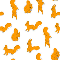 Vector seamless pattern with cute squirrel isolated on white. Hand drawn texture with animal characters in sketch style.