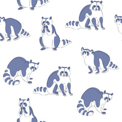 Vector seamless pattern with cute raccoons isolated on white. Hand drawn texture with cartoon animal characters in sketch style.