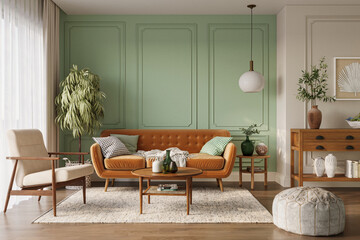 Orange sofa in cozy living room interior with pastel green wall and wood furniture. Wall mockup, 3d rendering   © Василь Чейпеш
