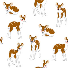 Vector seamless pattern with cute little deer isolated on white. Hand drawn texture with fawns in sketch style.