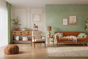 Orange sofa in cozy living room interior with pastel green wall and wood furniture. Wall mockup, 3d rendering   © Василь Чейпеш
