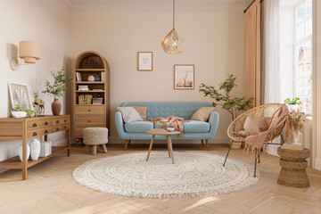 Cozy home interior in light pastel colors with blue sofa, wood furniture and beautiful decor. Wall mockup, 3d rendering
