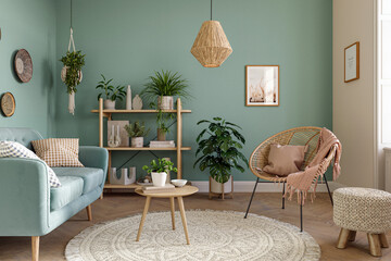 Cozy home interior in light pastel colors with blue sofa, wood furniture and beautiful decor. Wall mockup, 3d rendering