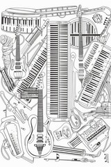 Pattern of different musical instruments illustration in line art style