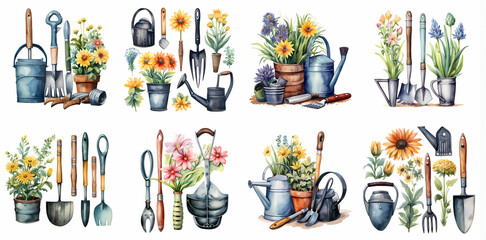 Gardening tools and flowers clipart set in watercolor with watering cans, pitchfork, shovel, planted flowers isolated on white background