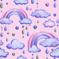A stitched rainbow with clouds and raindrops hanging from ropes in blue, purple and pink. Childish cute hand drawn watercolor illustration. Seamless pattern on a pink blue background.
