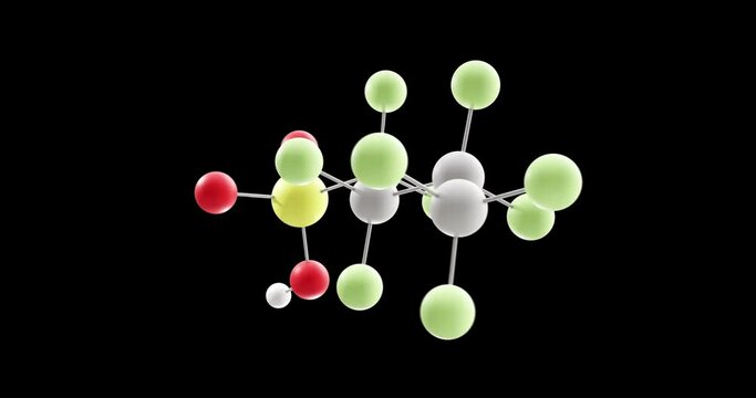 Perfluorobutanesulfonic acid molecule, rotating 3D model of pfbs, looped video on a black background