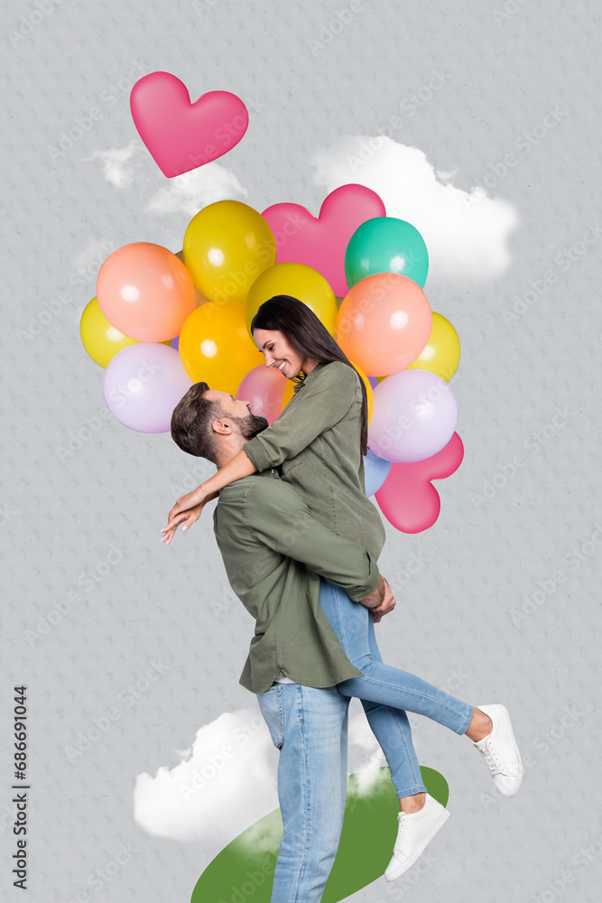 Canvas Prints Creative artwork template collage of young couple air balloons celebrate dating valentine day concept bizarre unusual fantasy billboard