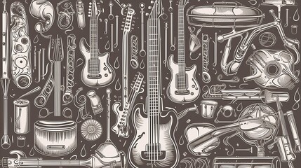 Fototapeta premium Pattern of different musical instruments illustration in line art style