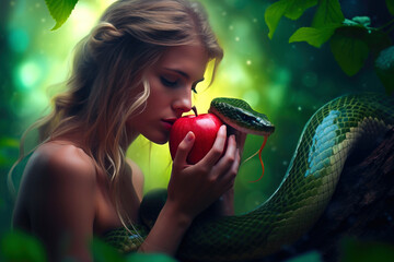 The first biblical woman Eve with a green snake and a red apple in the Garden of Eden - obrazy, fototapety, plakaty
