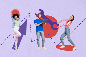 Creative abstract template collage of funny young people work together use tools development have...