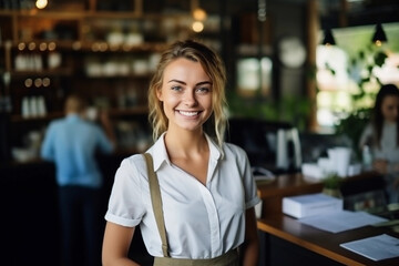 Smiling young saleswoman portrait, attractive cashier serving customers with a friendly demeanor. Generative ai