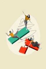 Vertical collage sketch of three people office managers falling down flying air broken block isolated on creative background