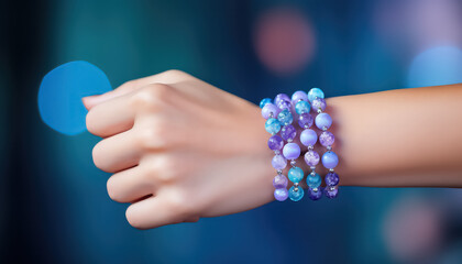 Close-up hand with purple bracelet, world cancer day concept