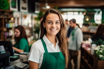 Smiling young saleswoman portrait, attractive cashier serving customers with a friendly demeanor. Generative ai - obrazy, fototapety, plakaty