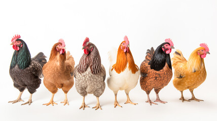 Set of laying hens isolated on white background.

