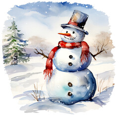 Obraz premium Schneemann Aquarell Winterlandschaft Gemütliche Szene Feiertagsdekor Wandkunst Winterfreude Geschenkidee Festliche Illustration Kinderfreundliche Kunst Schneemann Winter Landschaft Schneemann Hut