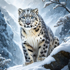 Fototapeta premium majestic snow leopard stunning visual with winter environment, animals concept, generative ai