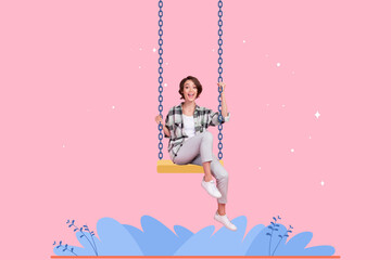Composite collage image of cheerful carefree girl sit swing painted flower isolated on creative...