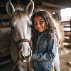 a young girl riding a horse,a photo of a person riding a horse,a horse stable,happy,