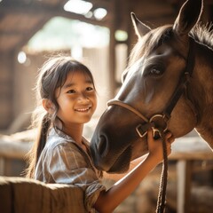 a young girl riding a horse,a photo of a person riding a horse,a horse stable,happy,