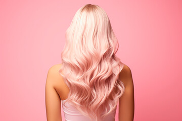 Young woman with dyed blonde pink curly hair isolated on pink background, back view. Trendy hairstyle design. Perfect long wavy colorful unusual hair - obrazy, fototapety, plakaty