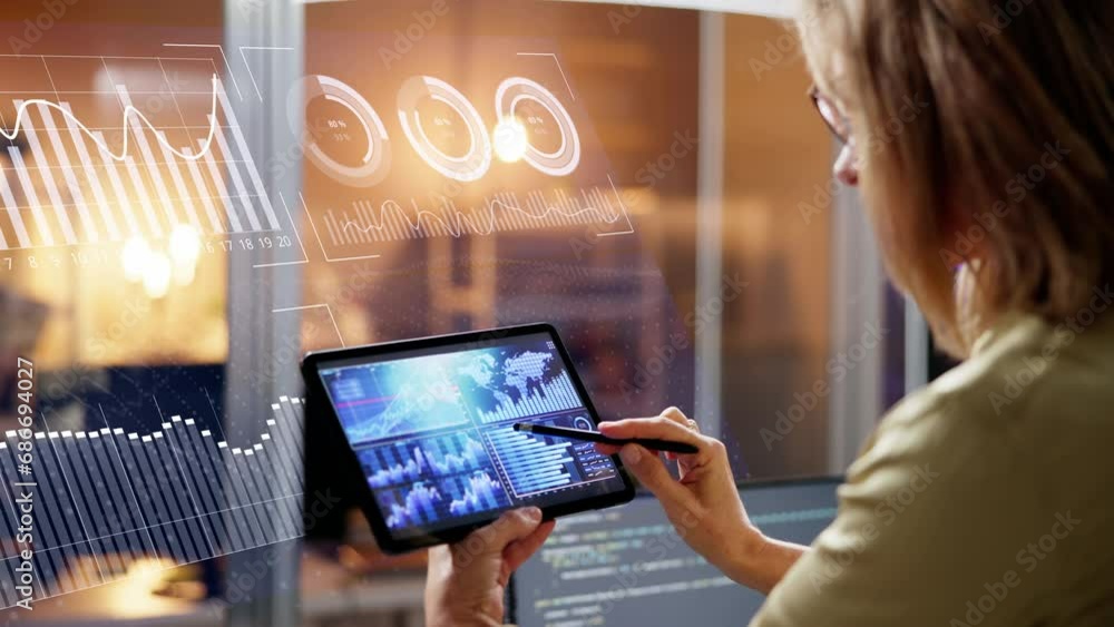Poster Data Analyst Examining Analytics on Computer Dashboard