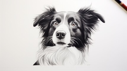 minimalist one-line pen drawing on white paper of a border collie, copy space, 16:9