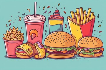 Assorted unhealthy food items, concept of junk food and the pitfalls of poor dietary choices. Pattern Illustration in a line art style, emphasizing the negative impact of deviating from a healthy diet