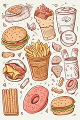 Assorted unhealthy food items, concept of junk food and the pitfalls of poor dietary choices. Pattern Illustration in a line art style, emphasizing the negative impact of deviating from a healthy diet