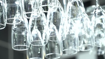 Shiny clean wine glasses hanging on hanger above bar counter, close-up. Empty wine glasses hang upside down in row. Glassware for serving alcohol drinks beverages restaurant business industry concept.