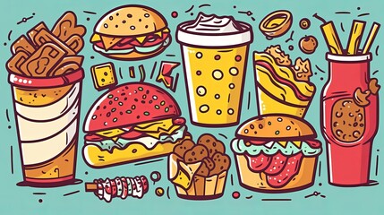 Assorted unhealthy food items, concept of junk food and the pitfalls of poor dietary choices. Pattern Illustration in a line art style, emphasizing the negative impact of deviating from a healthy diet - obrazy, fototapety, plakaty