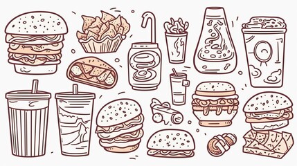 Assorted unhealthy food items, concept of junk food and the pitfalls of poor dietary choices. Pattern Illustration in a line art style, emphasizing the negative impact of deviating from a healthy diet