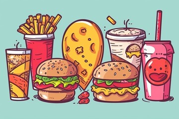 Assorted unhealthy food items, concept of junk food and the pitfalls of poor dietary choices. Pattern Illustration in a line art style, emphasizing the negative impact of deviating from a healthy diet - obrazy, fototapety, plakaty