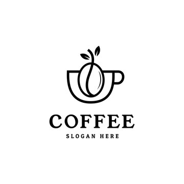 Coffee logo illustration design template. coffee beans with minimal logo vector coffee buds with leaves simple line icon for cafe
