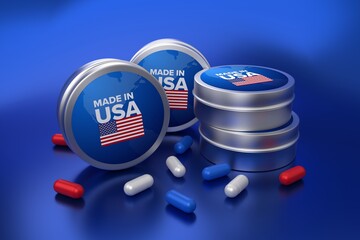 tablets made in USA, medication canisters featuring blue, white, and red tablets - 686695055