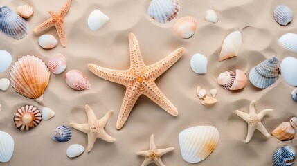 Fototapeta na wymiar Top view of a sandy beach texture with imprints of exotic seashells and starfish as natural textured background