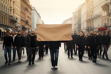 Man with group of males protesters crowd holding blank banners