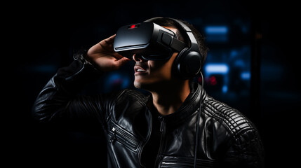A man in leather jacket using virtual reality headset against dark background. VR, video games, online education concept