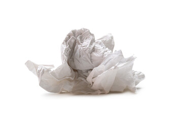 Crumpled tissue paper after use in toilet or restroom isolated on white background with clipping path