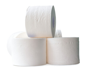 Tissue paper rolls in stack isolated on white background with clipping path and shadow in png file format. Front view and flat lay