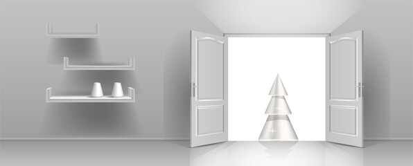 The interior of an empty room with an open door and a Christmas tree.
Free space for copying, 3d image.