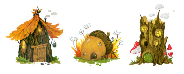 set of decorative elements - forest cartoon houses on a white background