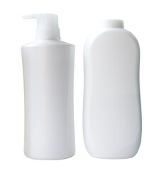 White bottle or container of shampoo and  powder isolated on white background with clipping path in png file format