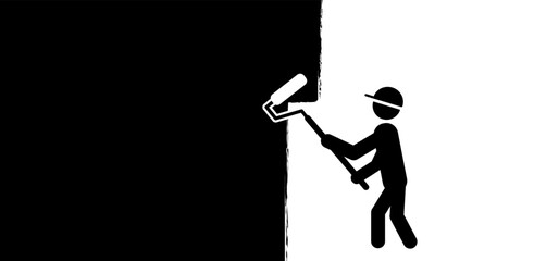 Cartoon stickman, stick figure man with color paint roller. Vector home improvement or house renovation. People painting interior wall with paint rollers and repairing. Handyman, tools icon.