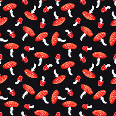 seamless pattern of fly agarics on a dark background
