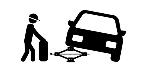 Hydraulic car jack or jack-screw icon. scissor jack shot or jack screw stand sign. Changing tires car lifter. Black floor lift jack logo. jacked the auto, Cars accessories. Repair, service equipment.