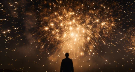 Fotobehang silhouette of a man in front of golden fireworks, black and gold, luxury, parties, celebrations, new year © RemsH