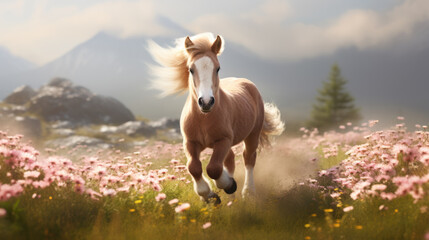 Adorable horse running in the meadow